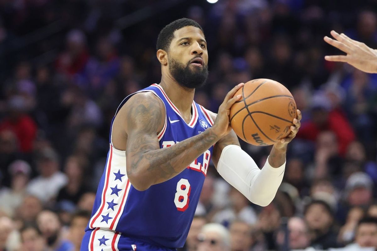 Jan 27, 2026; Philadelphia, Pennsylvania, USA; Philadelphia 76ers forward Paul George (8) shoots the ball against the Milwaukee Bucks during the third quarter at Xfinity Mobile Arena. Mandatory Credit: Bill Streicher-Imagn Images