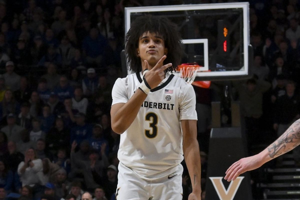 Jan 27, 2026; Nashville, Tennessee, USA;  Vanderbilt Commodores guard Tyler Tanner (3) reacts after a made three point basket against the Kentucky Wildcats during the second half at Memorial Gymnasium. Mandatory Credit: Steve Roberts-Imagn Images
