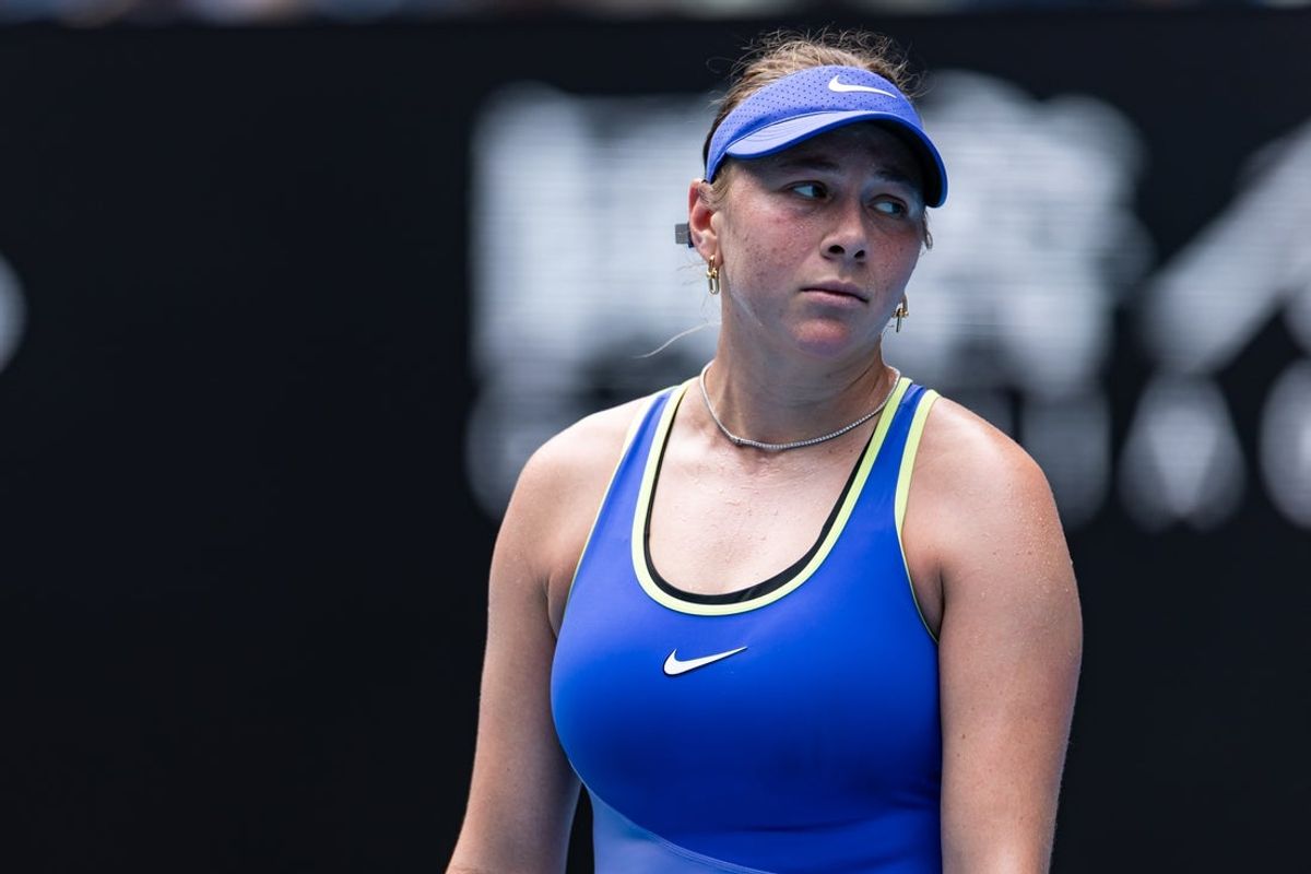 Jan 28, 2026; Melbourne, Victoria, Australia; Amanda Anisimova of United States in action against Jessica Pegula of United States in the quarterfinals of the women’s singles at the Australian Open at Rod Laver Arena in Melbourne Park. Mandatory Credit: Mike Frey-Imagn Images