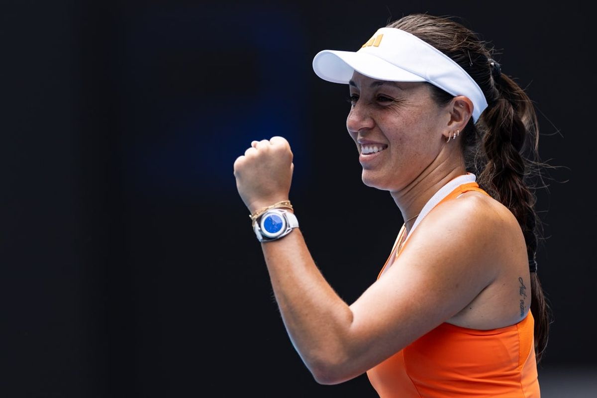 Jan 28, 2026; Melbourne, Victoria, Australia; Jessica Pegula of United States celebrates her victory over Amanda Anisimova of United States in the quarterfinals of the women’s singles at the Australian Open at Rod Laver Arena in Melbourne Park. Mandatory Credit: Mike Frey-Imagn Images