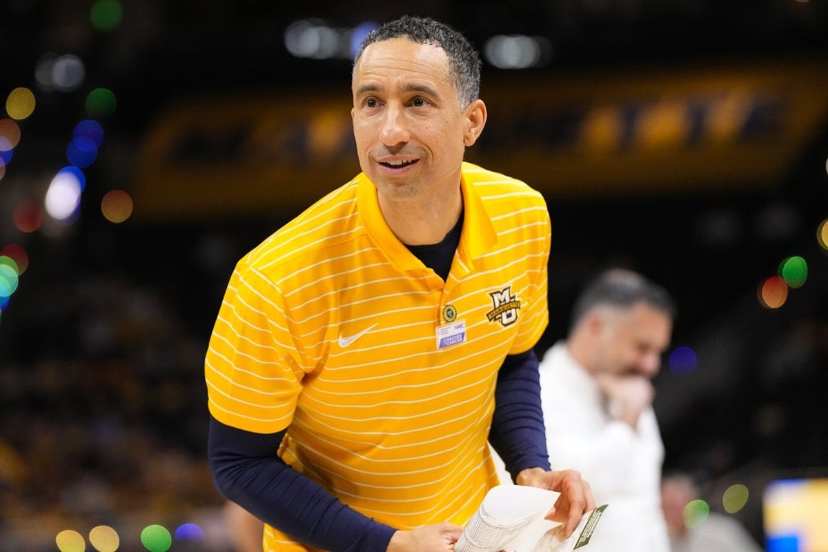 Jan 27, 2026; Milwaukee, Wisconsin, USA;  Marquette Golden Eagles head coach Shaka Smart looks on during the second half against the Creighton Bluejays at Fiserv Forum. Mandatory Credit: Jeff Hanisch-Imagn Images