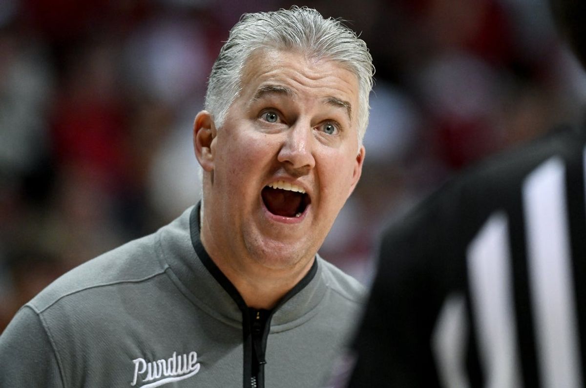 Jan 27, 2026; Bloomington, Indiana, USA; Purdue Boilermakers head coach Matt Painter reacts to a call against the Indiana Hoosiers during the second half at Simon Skjodt Assembly Hall. Mandatory Credit: Robert Goddin-Imagn Images
