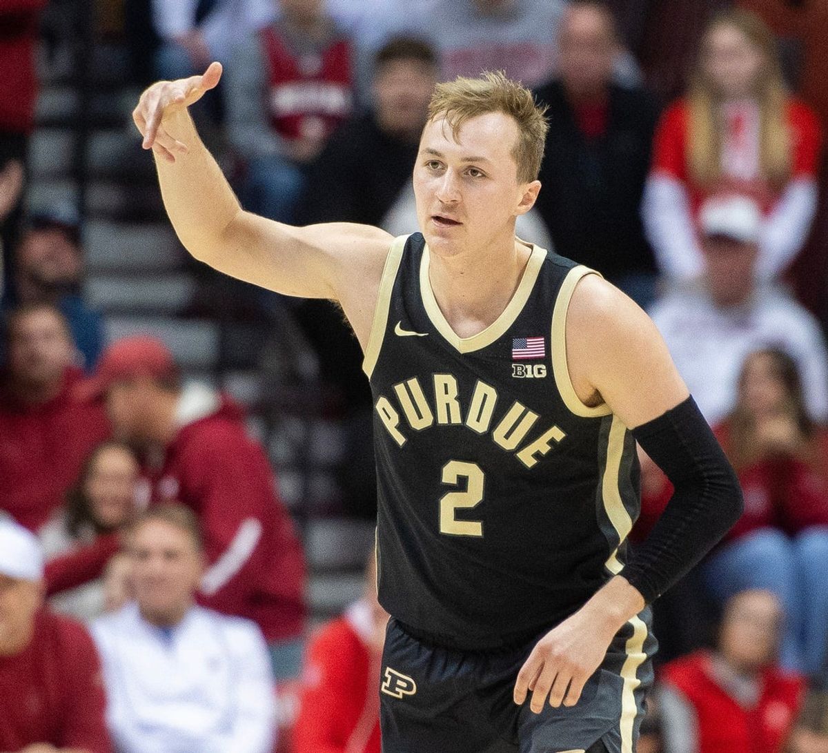 Purdue's Fletcher Loyer (2) shows three fingers after making a three-pointer during the Indiana versus Purdue mens basketball game at Simon Skjodt Assembly Hall on Tuesday, Jan. 27, 2026.