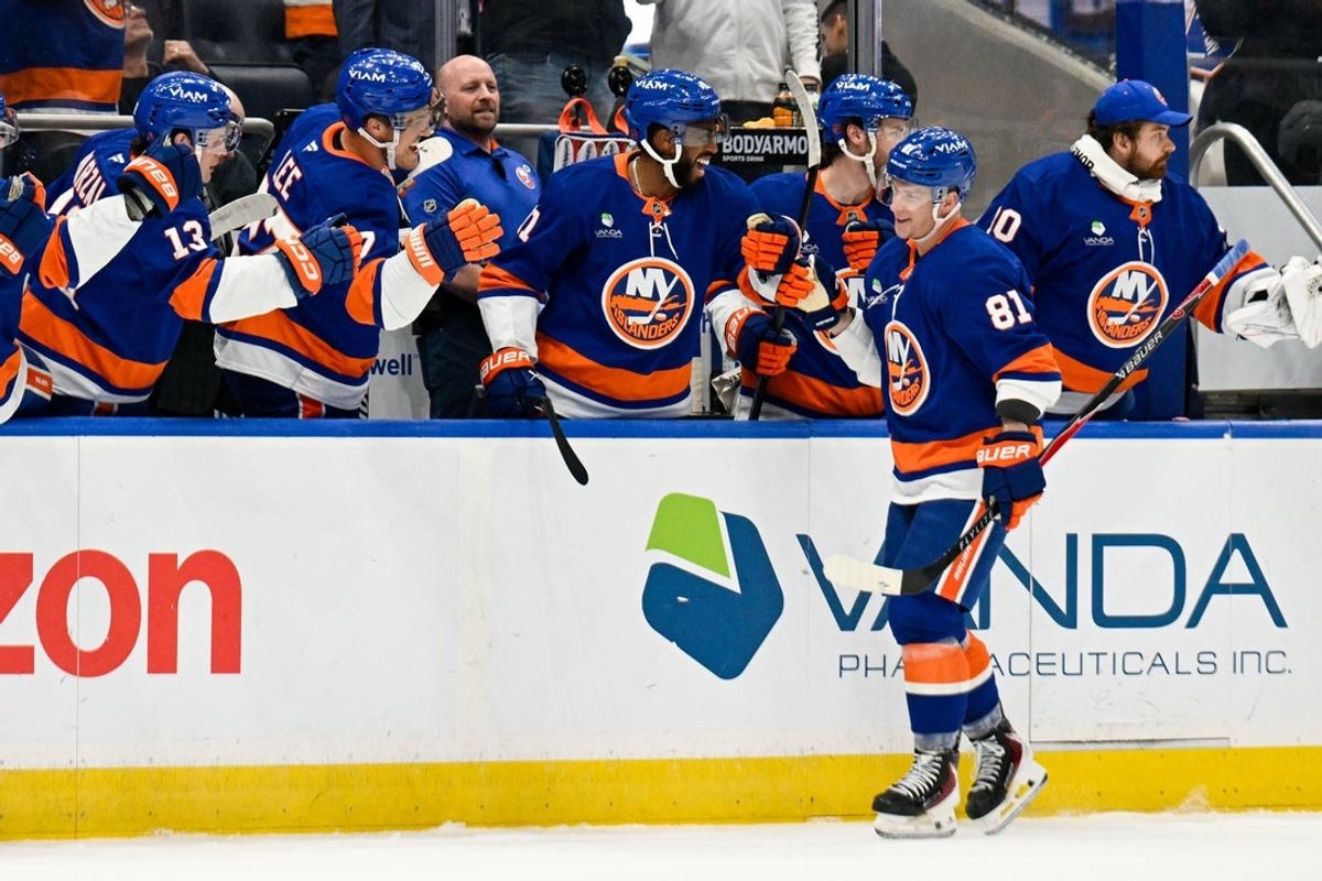 Jan 28, 2026; Elmont, New York, USA;  New York Islanders left wing Ondrej Palat (81) celebrates his goal against the New York Rangers during the first period at UBS Arena. Mandatory Credit: Dennis Schneidler-Imagn Images