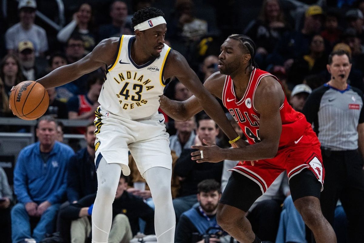 Jan 28, 2026; Indianapolis, Indiana, USA;  Indiana Pacers forward Pascal Siakam (43) dribbles the ball while Chicago Bulls forward Patrick Williams (44) defends in the first half at Gainbridge Fieldhouse. Mandatory Credit: Trevor Ruszkowski-Imagn Images