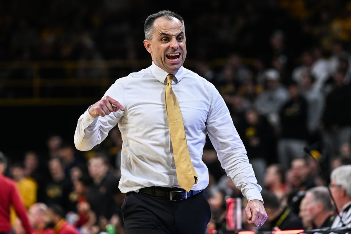 Jan 28, 2026; Iowa City, Iowa, USA; Iowa Hawkeyes head coach Ben McCollum reacts during the second half against the Southern California Trojans at Carver-Hawkeye Arena. Mandatory Credit: Jeffrey Becker-Imagn Images