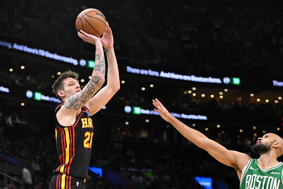 Jan 28, 2026; Boston, Massachusetts, USA; Atlanta Hawks guard Vit Krejci (27) attempts a basket against the Boston Celtics during the first half at the TD Garden. Mandatory Credit: Brian Fluharty-Imagn Images
