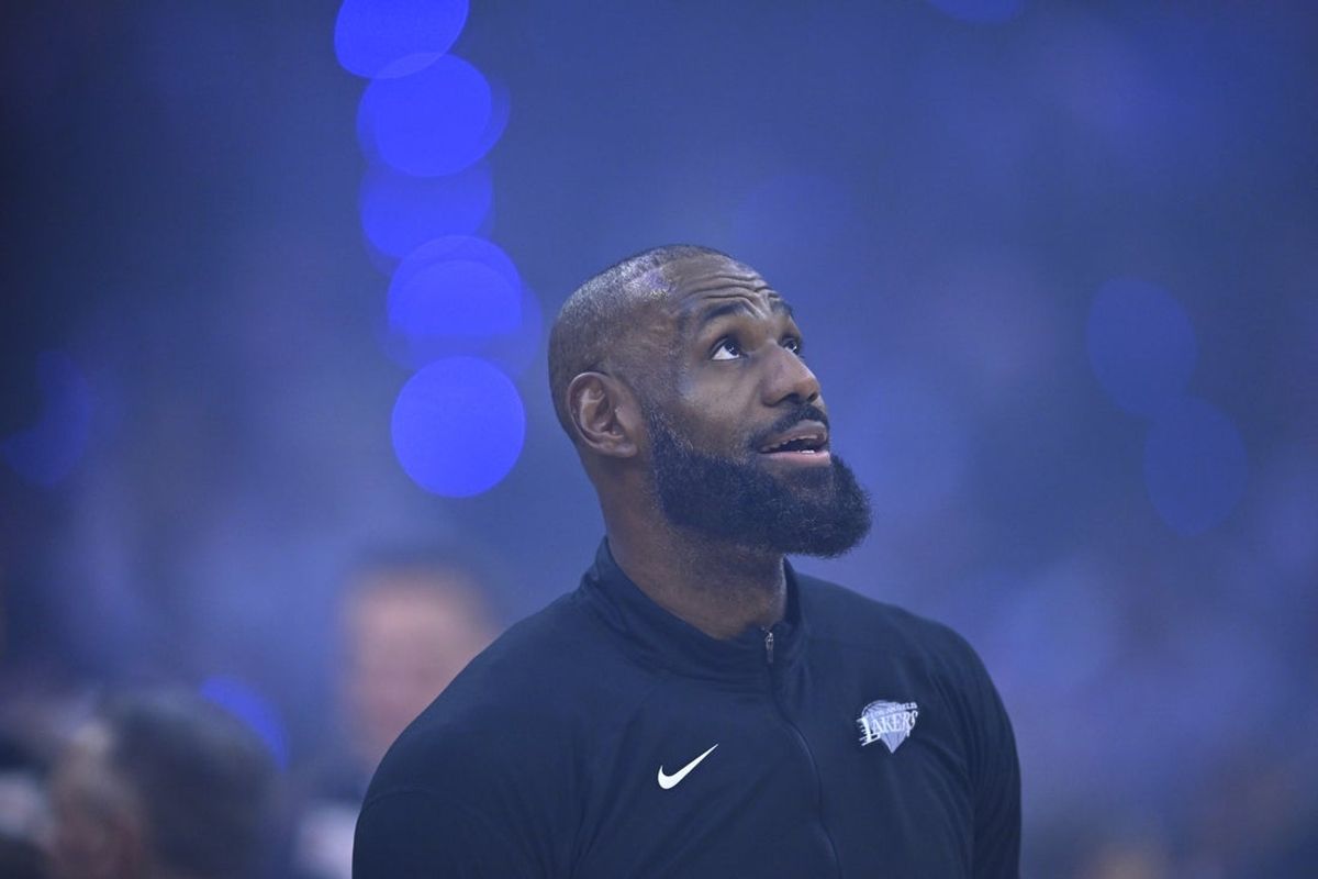 Jan 28, 2026; Cleveland, Ohio, USA; Los Angeles Lakers forward LeBron James (23) stands on the court before a game against the Cleveland Cavaliers at Rocket Arena. Mandatory Credit: David Richard-Imagn Images