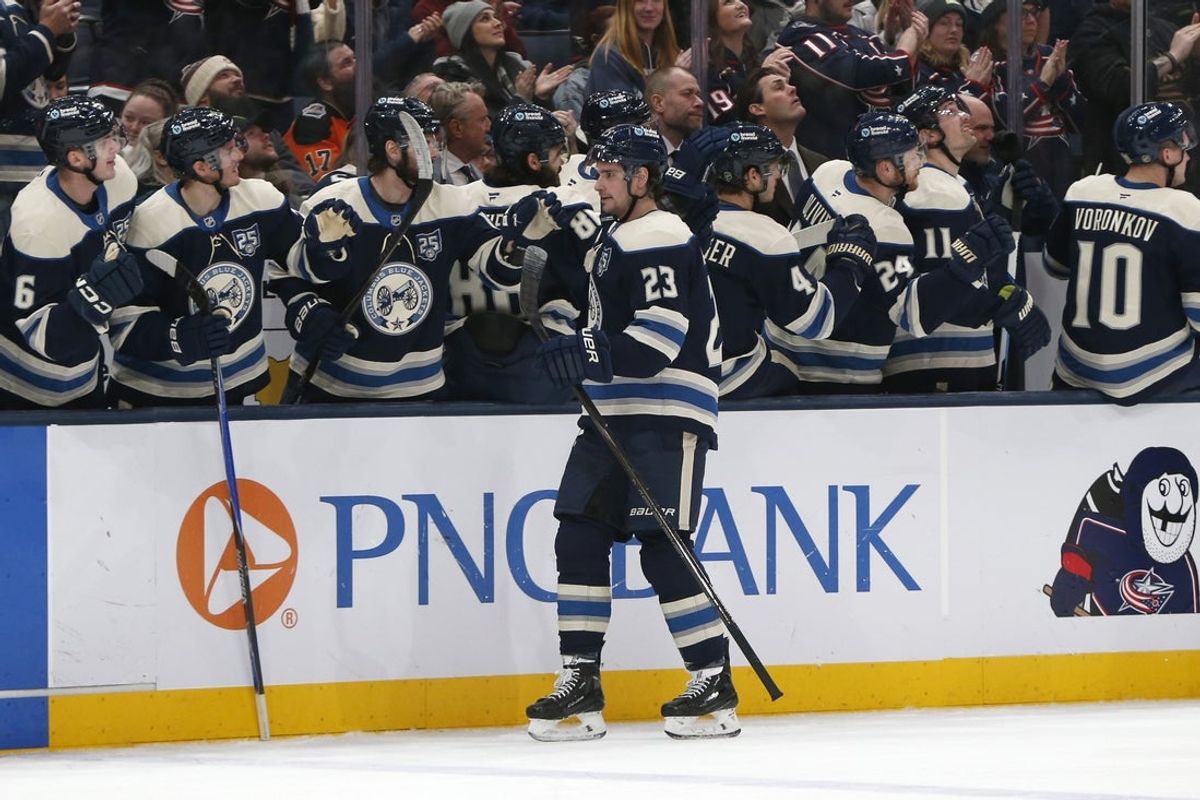 Jan 28, 2026; Columbus, Ohio, USA; Columbus Blue Jackets center Sean Monahan (23) celebrates his goal against the Philadelphia Flyers during the third period at Nationwide Arena. Mandatory Credit: Russell LaBounty-Imagn Images