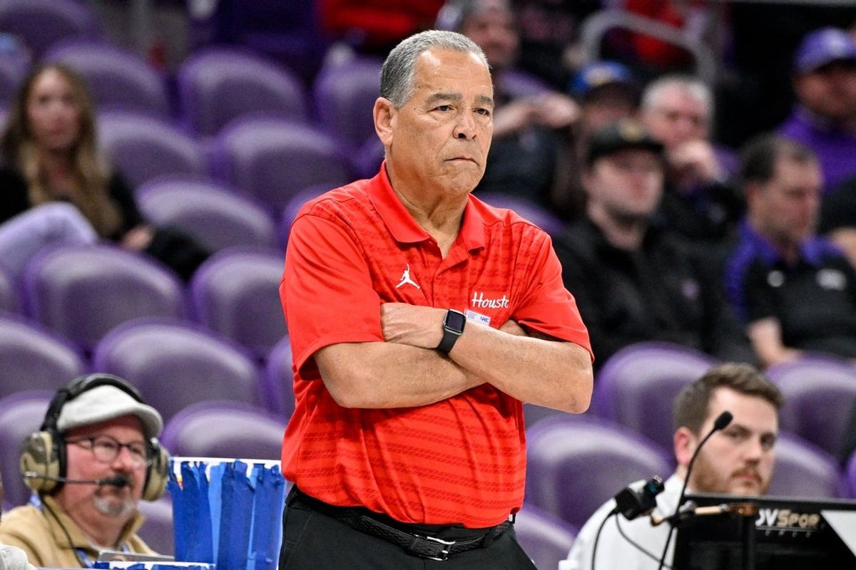 Jan 28, 2026; Fort Worth, Texas, USA; Houston Cougars head coach Kelvin Sampson looks on during the second half against the TCU Horned Frogs at Ed and Rae Schollmaier Arena. Mandatory Credit: Jerome Miron-Imagn Images