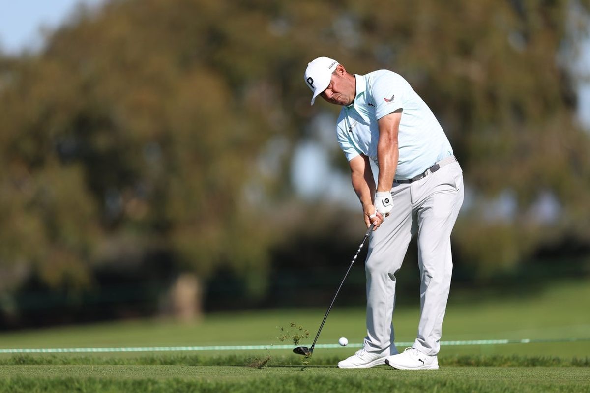 Jan 29, 2026; San Diego, California, USA; Gary Woodland plays his shot from the second tee during the first round of the Farmers Insurance Open golf tournament at Torrey Pines Municipal Golf Course - South Course. Mandatory Credit: Abe Arredondo-Imagn Images