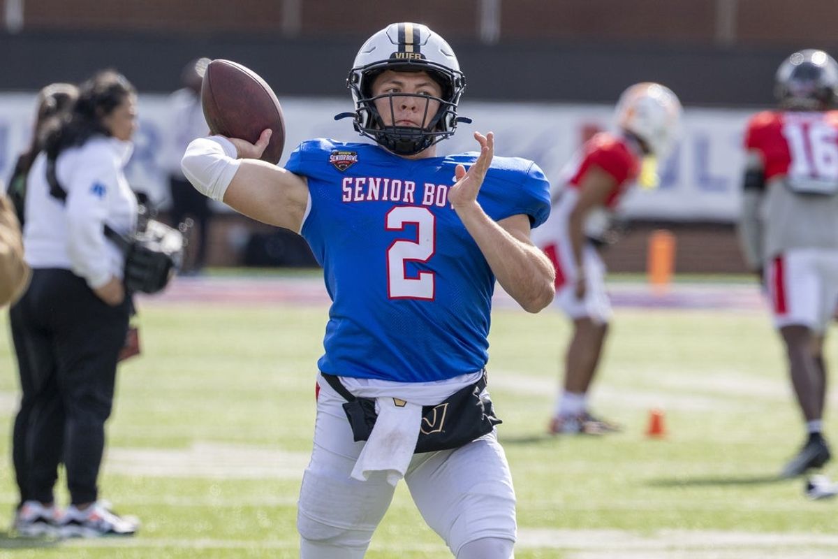 Jan 29, 2026; Mobile, AL, USA; National quarterback Diego Pavia (2) of Vanderbilt throws the ball during National Senior Bowl practice at Hancock Whitney Stadium. Mandatory Credit: Vasha Hunt-Imagn Images