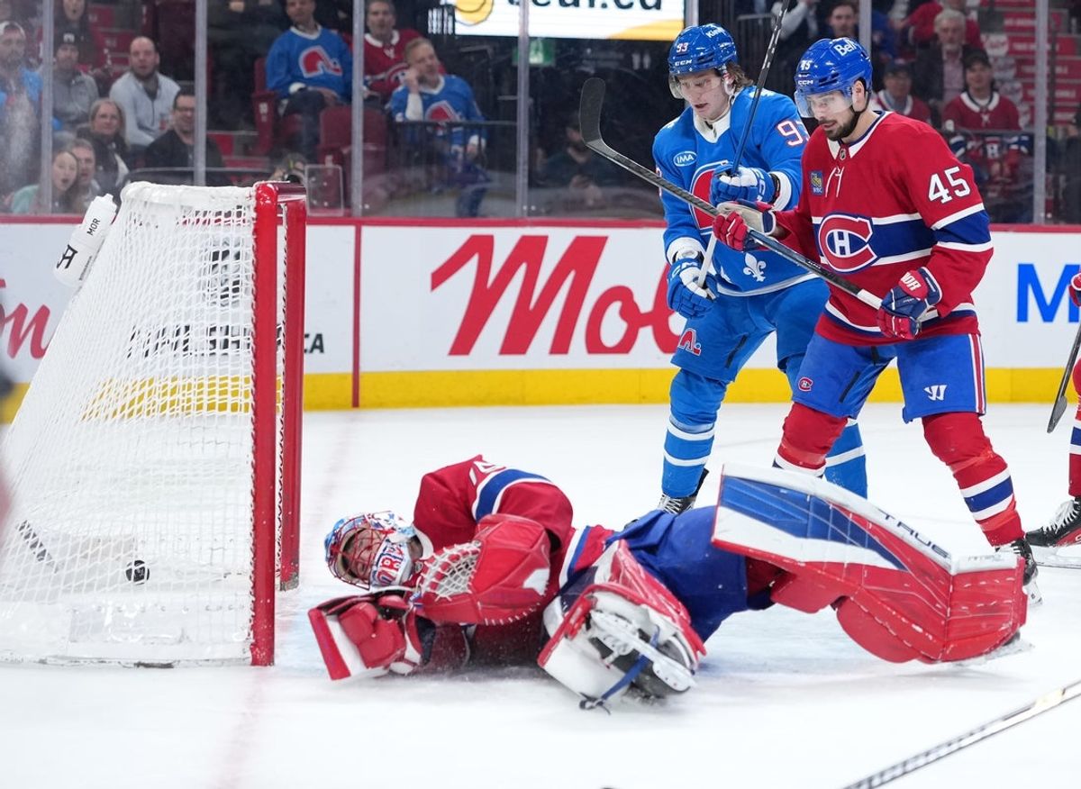 Jan 29, 2026; Montreal, Quebec, CAN; Colorado Avalanche forward Joel Kiviranta (94) (not pictured) score a goal against Montreal Canadiens goalie Jakub Dobes (75) during the second period at the Bell Centre. Mandatory Credit: Eric Bolte-Imagn Images