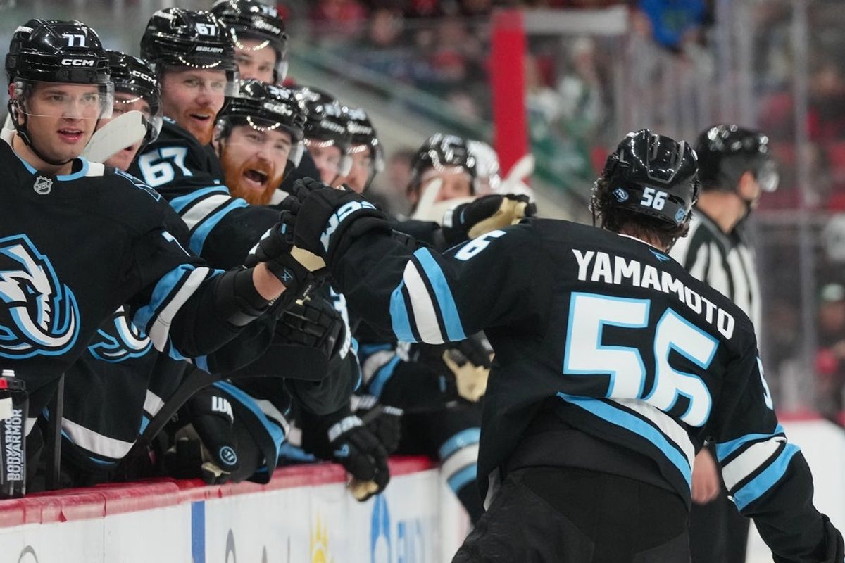 Jan 29, 2026; Raleigh, North Carolina, USA;  Utah Mammoth right wing Kailer Yamamoto (56) celebrates scoring against the Carolina Hurricanes during the second period at Lenovo Center. Mandatory Credit: James Guillory-Imagn Images