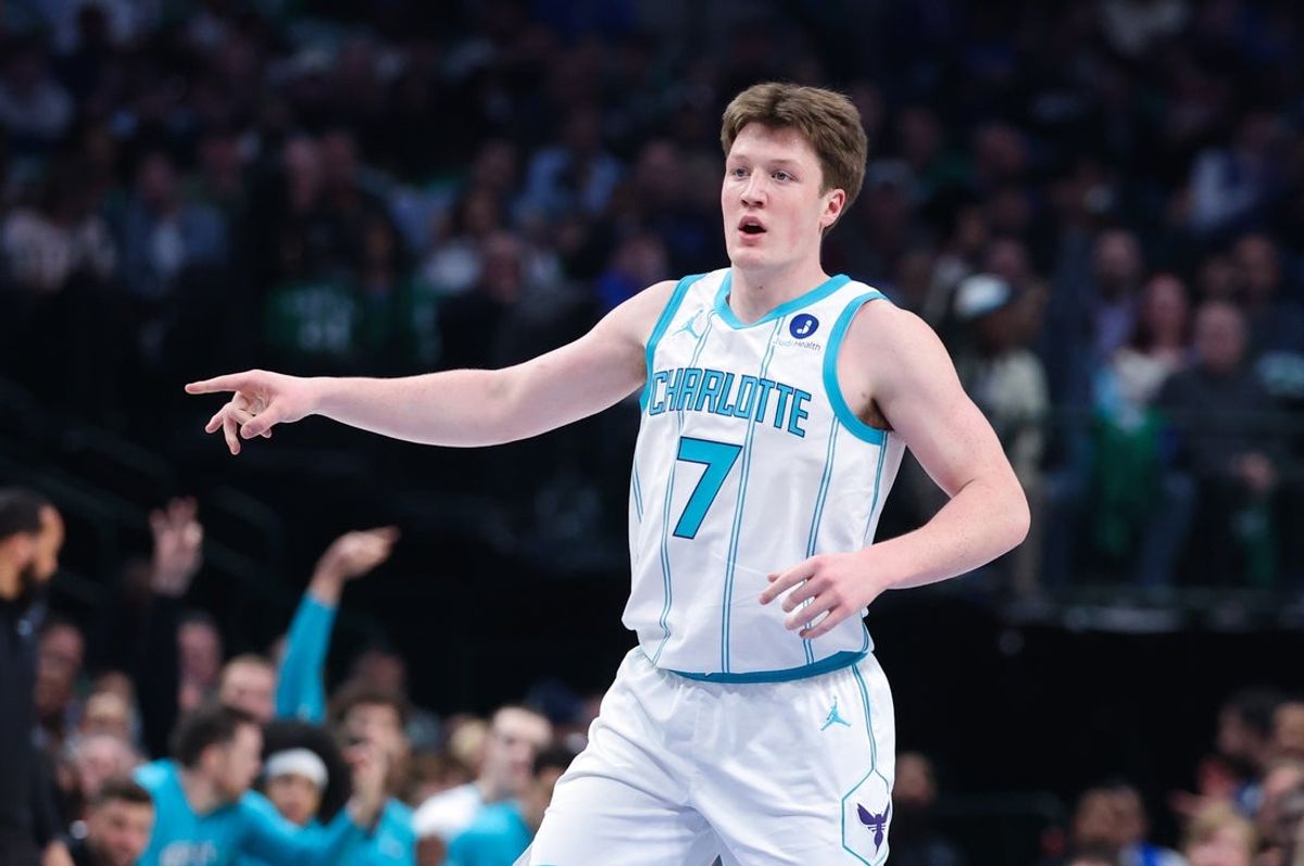 Jan 29, 2026; Dallas, Texas, USA;  Charlotte Hornets guard Kon Knueppel (7) reacts after scoring against the Dallas Mavericks during the first quarter at American Airlines Center. Mandatory Credit: Kevin Jairaj-Imagn Images