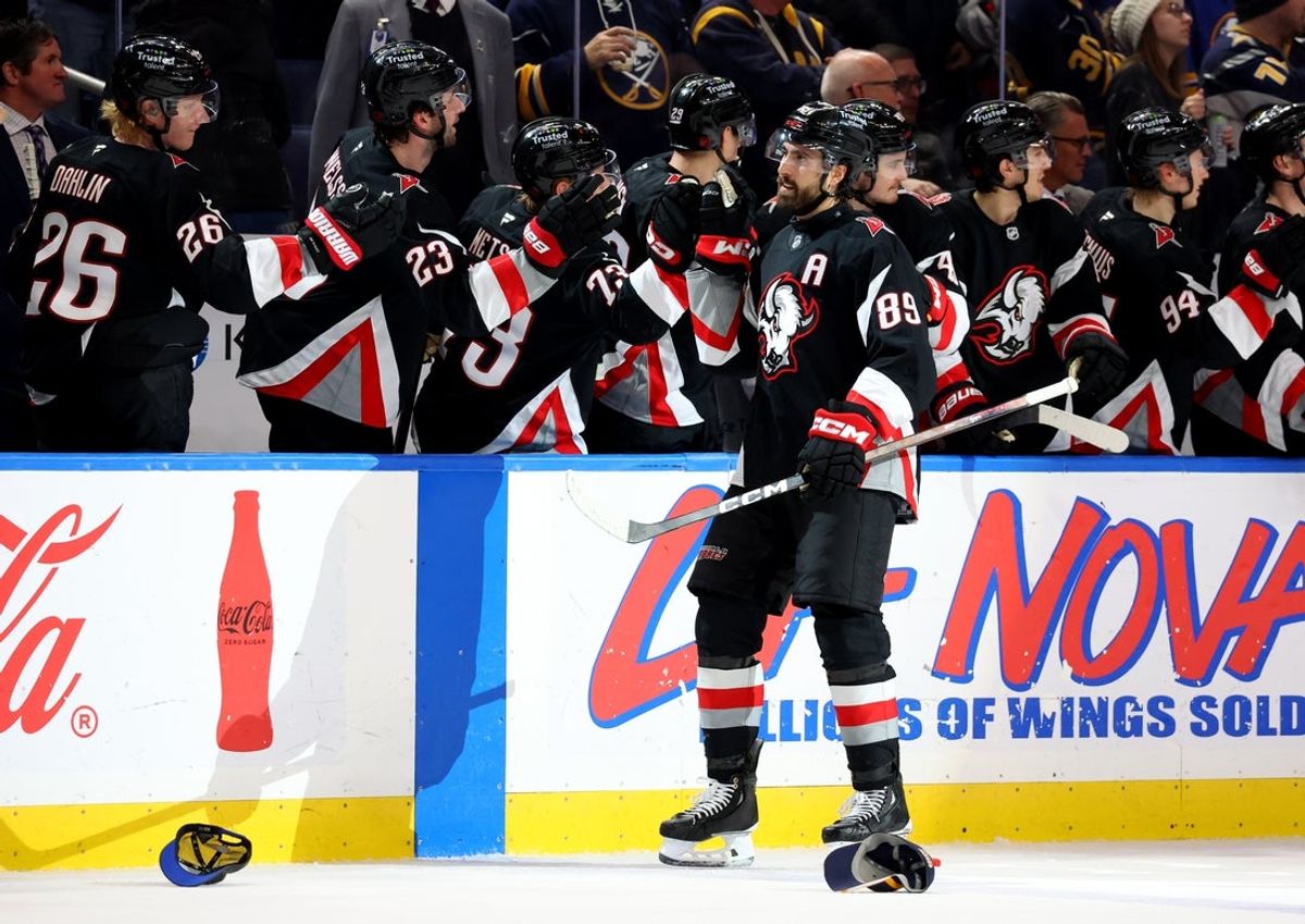 Jan 29, 2026; Buffalo, New York, USA;  Buffalo Sabres right wing Alex Tuch (89)celebrates his third goal of the game with teammates during the third period against the Los Angeles Kings at KeyBank Center. Mandatory Credit: Timothy T. Ludwig-Imagn Images