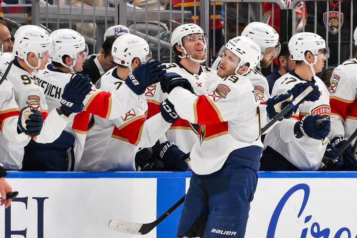 Jan 29, 2026; St. Louis, Missouri, USA; Florida Panthers left wing Matthew Tkachuk (19) is congratulated by teammates after scoring against the St. Louis Blues during the second period at Enterprise Center. Mandatory Credit: Jeff Curry-Imagn Images
