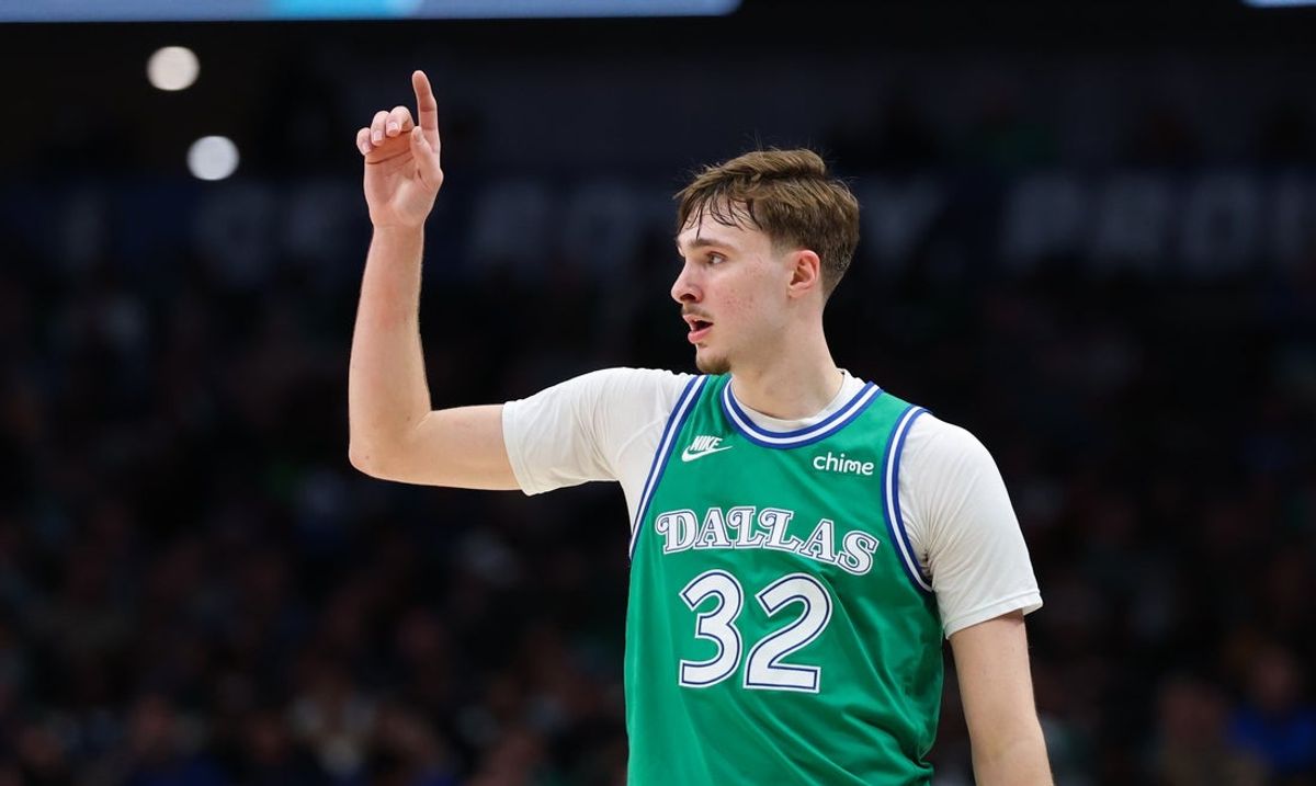 Jan 29, 2026; Dallas, Texas, USA;  Dallas Mavericks forward Cooper Flagg (32) reacts during the second half against the Charlotte Hornets at American Airlines Center. Mandatory Credit: Kevin Jairaj-Imagn Images