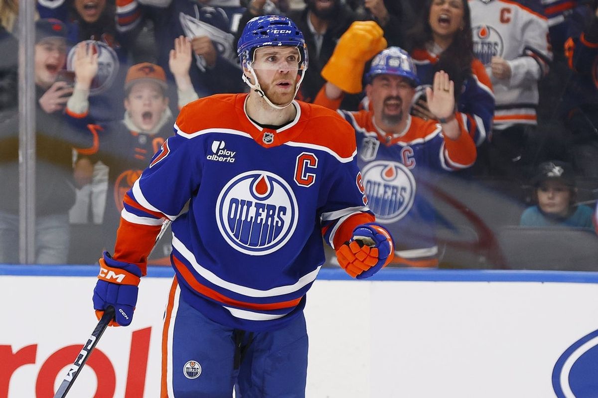 Jan 29, 2026; Edmonton, Alberta, CAN; Edmonton Oilers forward Connor McDavid (97) celebrates after scoring a goal against the San Jose Sharks during the third period at Rogers Place. Mandatory Credit: Perry Nelson-Imagn Images