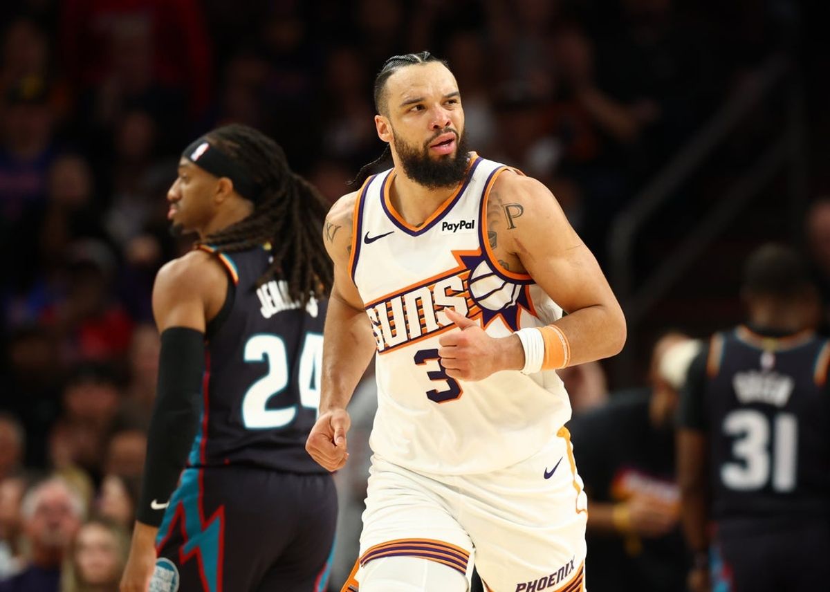 Jan 29, 2026; Phoenix, Arizona, USA; Phoenix Suns forward Dillon Brooks (3) reacts against the Detroit Pistons in the second half at Mortgage Matchup Center. Mandatory Credit: Mark J. Rebilas-Imagn Images