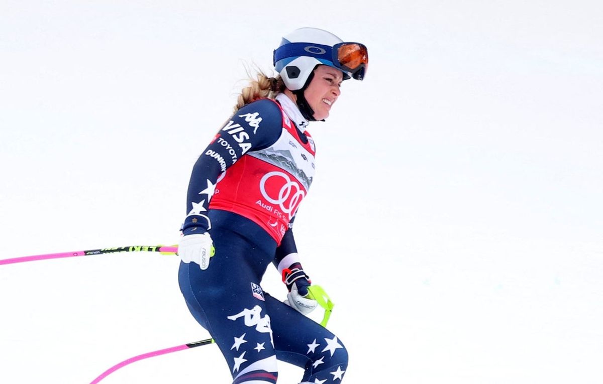 [US, Mexico & Canada customers only] Jan 30, 2026; Crans-Montana, SWITZERLAND;  Lindsey Vonn of the United States reacts after sustaining an apparent injury in the women's downhill alpine skiing race during the FIS World Cup. Mandatory Credit: Denis Balibouse/Reuters via Imagn Images