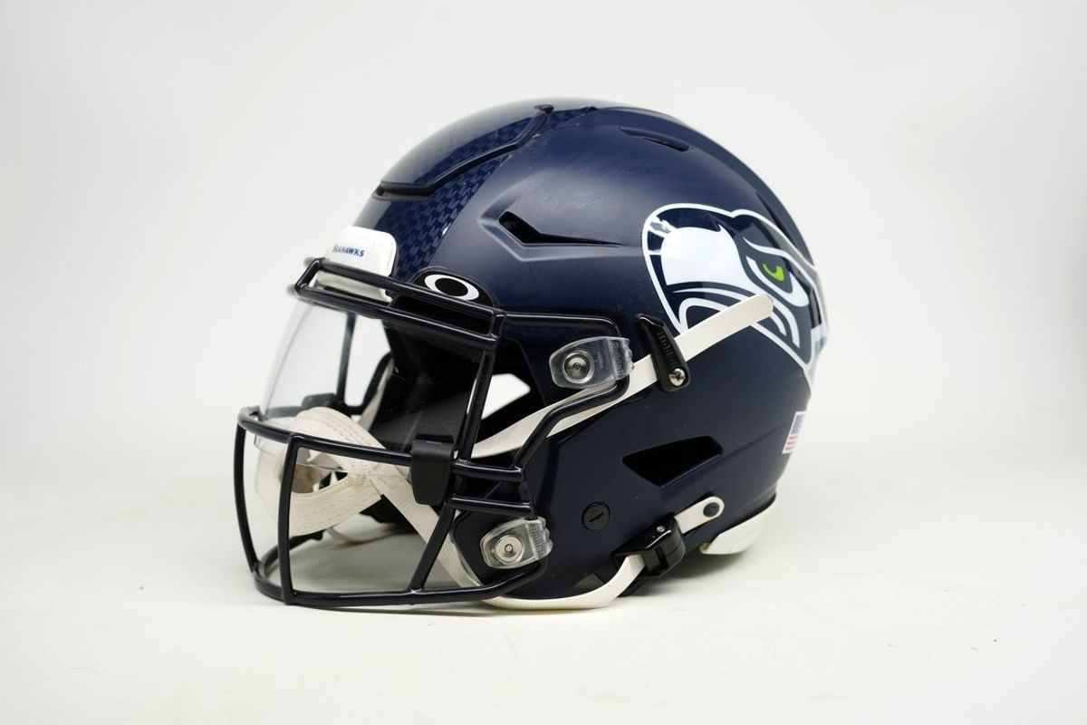 Jan 29, 2026; Santa Clara, California, USA; A Seattle Seahawks Riddell speedflex helmet. Mandatory Credit: Kirby Lee-Imagn Images