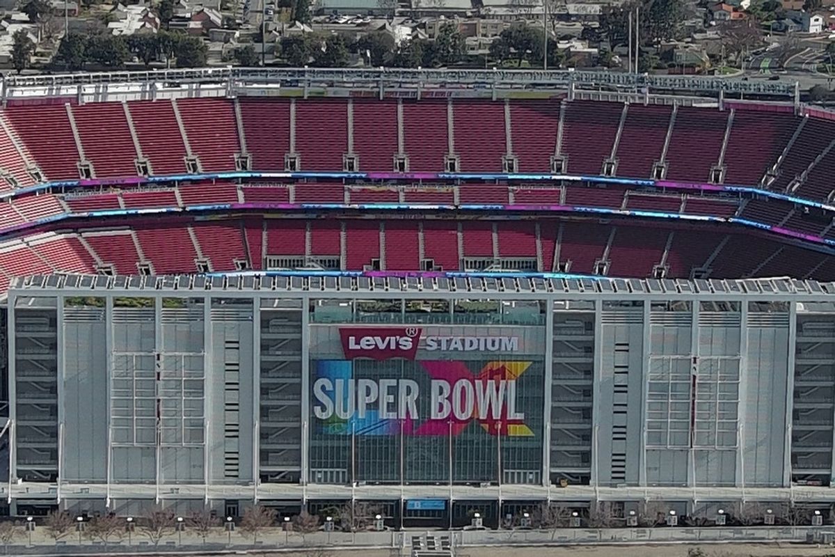 Jan 29, 2026; Santa Clara, California, USA; A general overall aerial view of Levi's Stadium, the site of Super Bowl 60 between the New England Patriots and the Seattle Seahawks. Mandatory Credit: Kirby Lee-Imagn Images