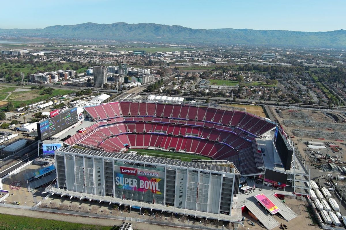 Jan 29, 2026; Santa Clara, California, USA; A general overall aerial view of Levi's Stadium, the site of Super Bowl 60 between the New England Patriots and the Seattle Seahawks. Mandatory Credit: Kirby Lee-Imagn Images