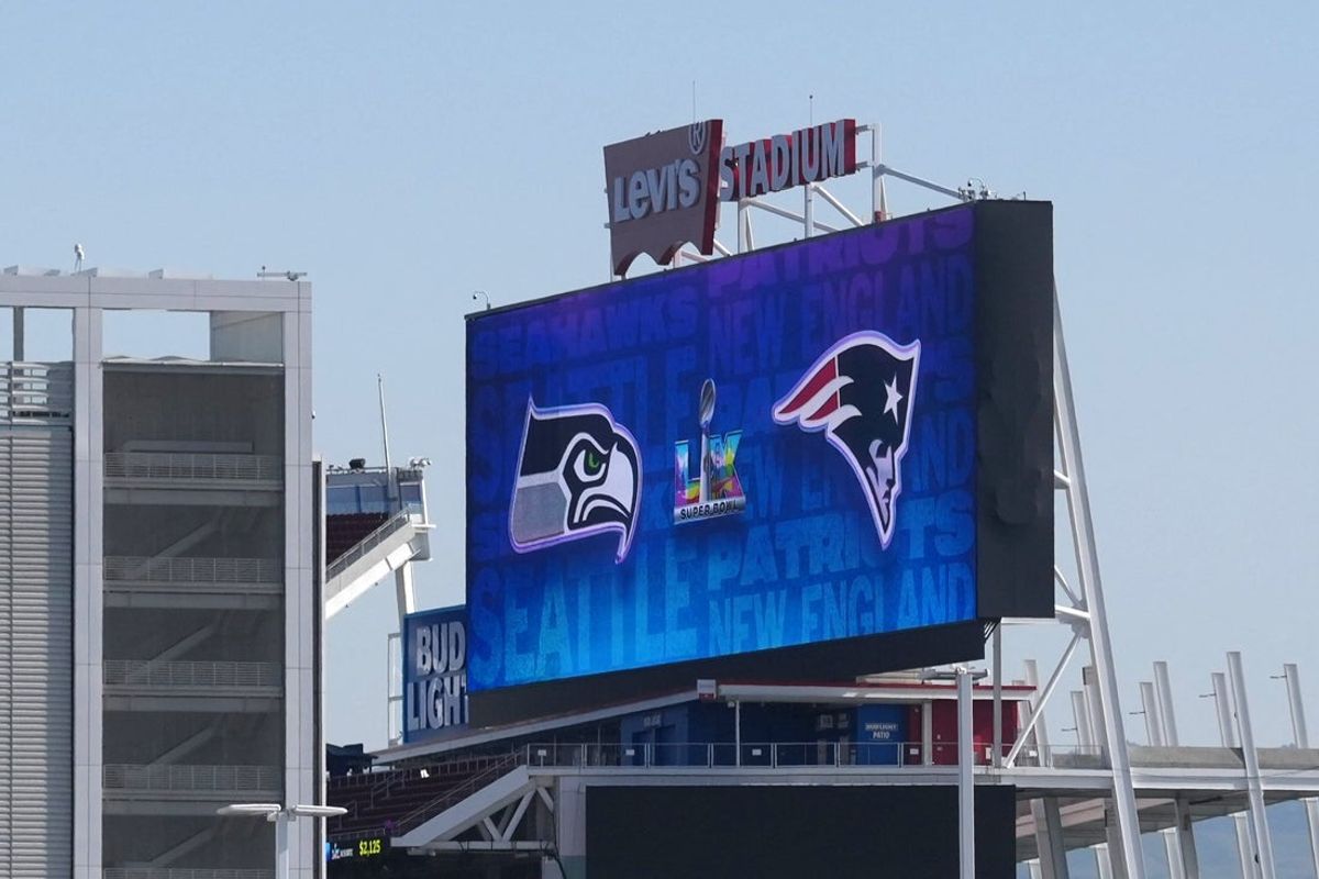 Jan 29, 2026; Santa Clara, California, USA; The Seattle Seahawks, New England Patriots and the Super Bowl 60 logos on the video board at Levi's Stadium. Mandatory Credit: Kirby Lee-Imagn Images