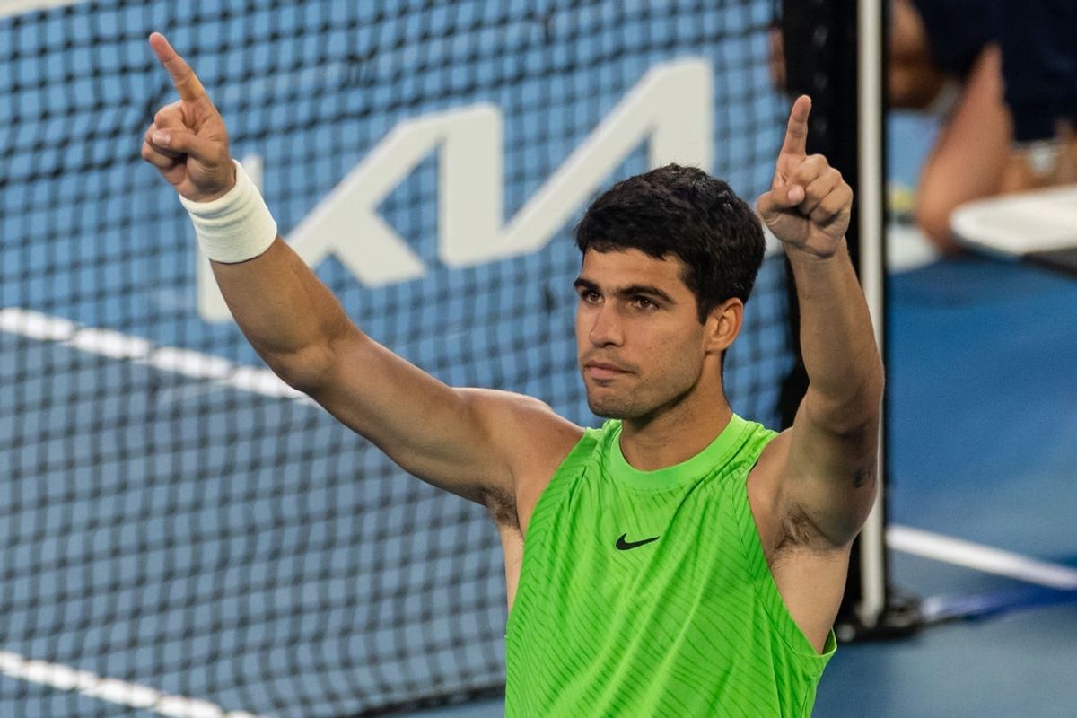 Jan 30, 2026; Melbourne, Victoria, Australia; Carlos Alcaraz of Spain celebrates his victory over Alexander Zverev of Germany in the semifinals of the menís singles at the Australian Open at Rod Laver Arena in Melbourne Park. Mandatory Credit: Mike Frey-Imagn Images