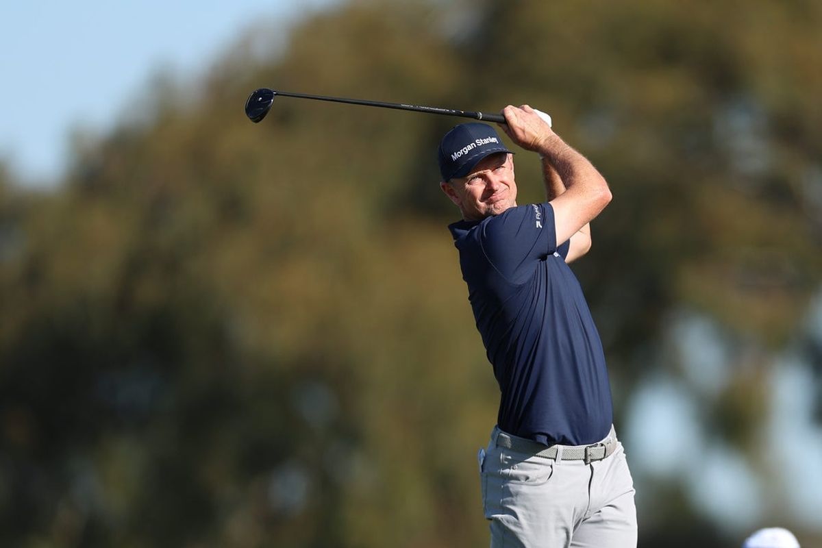 Jan 30, 2026; San Diego, California, USA; Justin Rose plays his shot from the second tee during the second round of the Farmers Insurance Open golf tournament at Torrey Pines Municipal Golf Course - South Course. Mandatory Credit: Abe Arredondo-Imagn Images