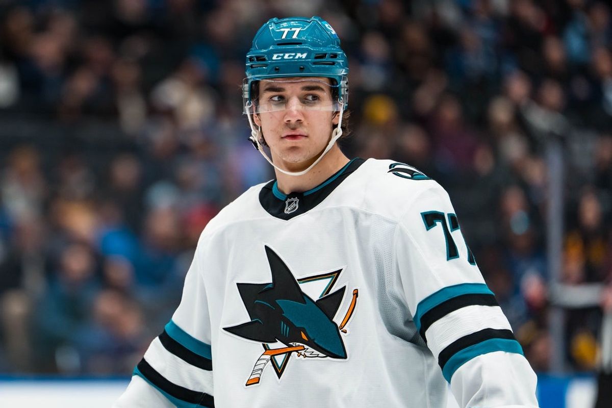Jan 27, 2026; Vancouver, British Columbia, CAN; San Jose Sharks forward Michael Misa (77) during a stop in play against the Vancouver Canucks in the third period at Rogers Arena. Mandatory Credit: Bob Frid-Imagn Images
