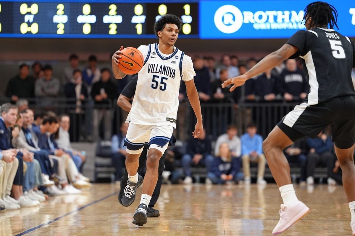 Jan 30, 2026; Villanova, Pennsylvania, USA; Villanova Wildcats guard Acaden Lewis (55) controls the ball against the Providence Friars in the first half at William B. Finneran Pavilion. Mandatory Credit: Kyle Ross-Imagn Images