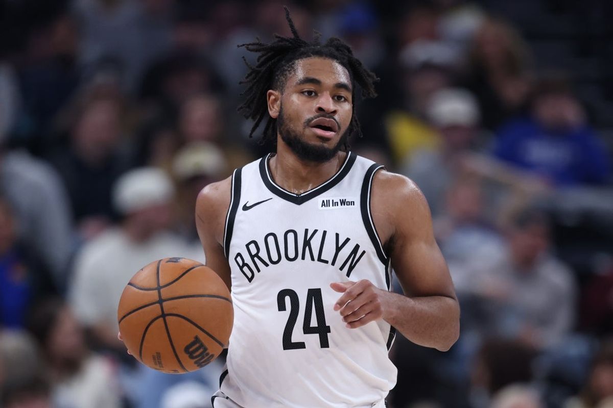 Jan 30, 2026; Salt Lake City, Utah, USA; Brooklyn Nets guard Cam Thomas (24) dribbles against the Utah Jazz during the first half at Delta Center. Mandatory Credit: Rob Gray-Imagn Images