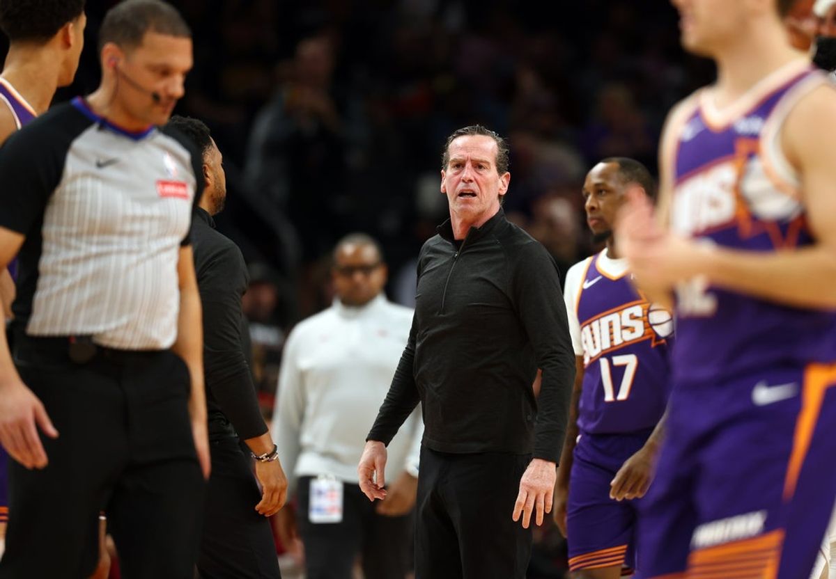 Jan 30, 2026; Phoenix, Arizona, USA; Cleveland Cavaliers head coach Kenny Atkinson reacts after being ejected from the game against the Phoenix Suns in the second half at Mortgage Matchup Center. Mandatory Credit: Mark J. Rebilas-Imagn Images