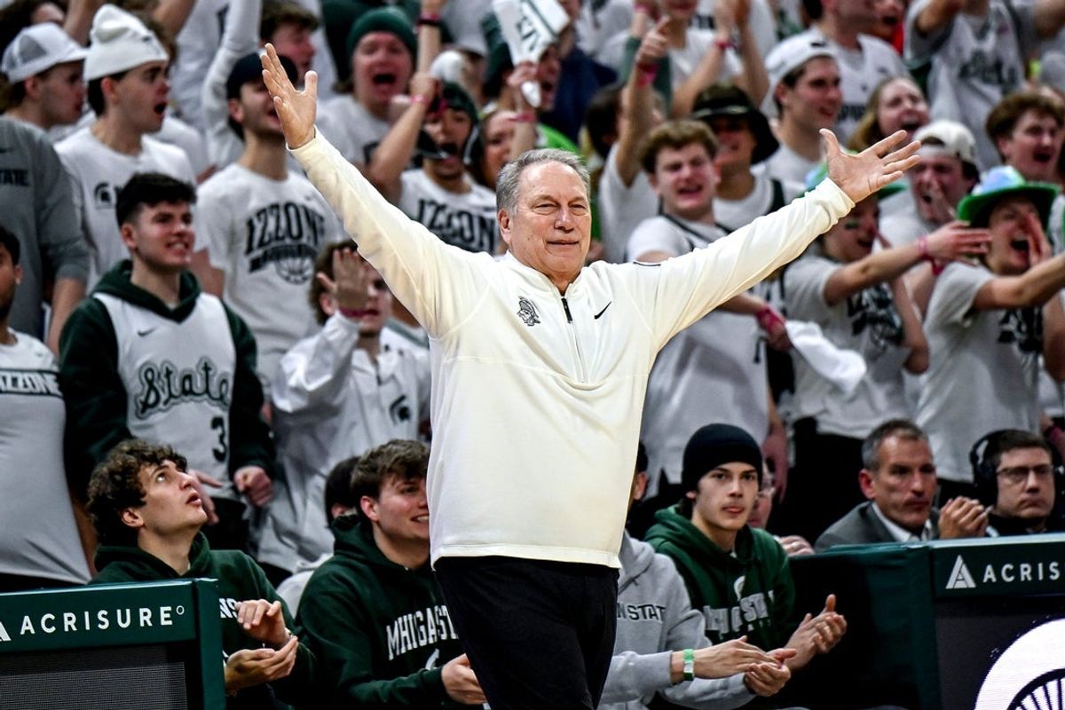 Michigan State's head coach Tom Izzo reacts after Jordan Scott scores during the second half against Michigan on Friday, Jan. 30, 2026, at the Breslin Center in East Lansing.