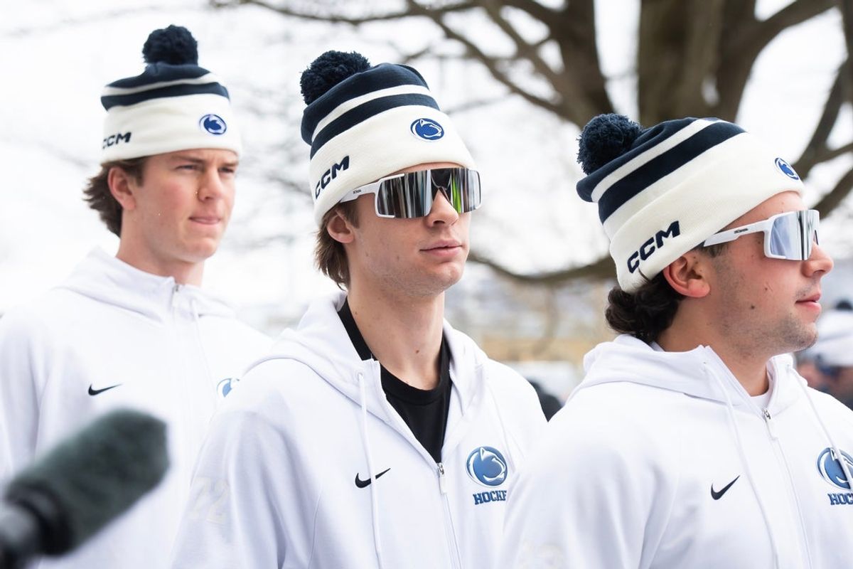 Penn State's Gavin McKenna, center, arrives with the team for a Big Ten hockey game against Michigan State at Beaver Stadium on January 31, 2026, in State College.
