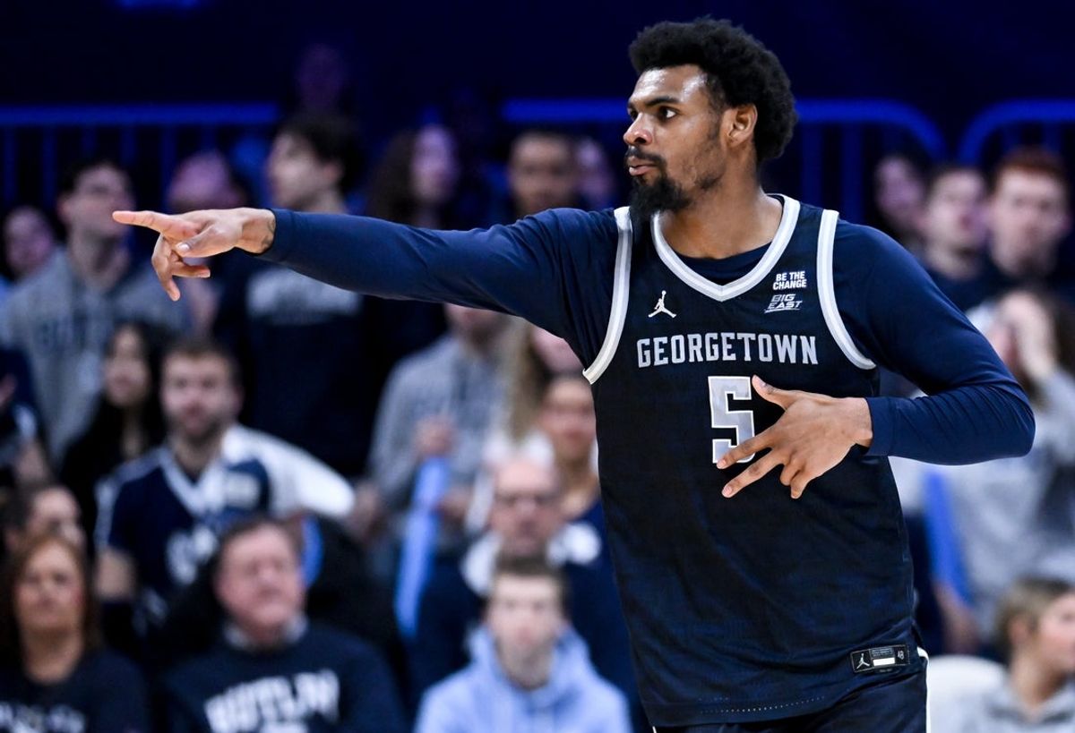 Jan 31, 2026; Indianapolis, Indiana, USA; Georgetown Hoyas guard KJ Lewis (5) celebrates after a play against the Butler Bulldogs during the first half at Hinkle Fieldhouse. Mandatory Credit: Robert Goddin-Imagn Images