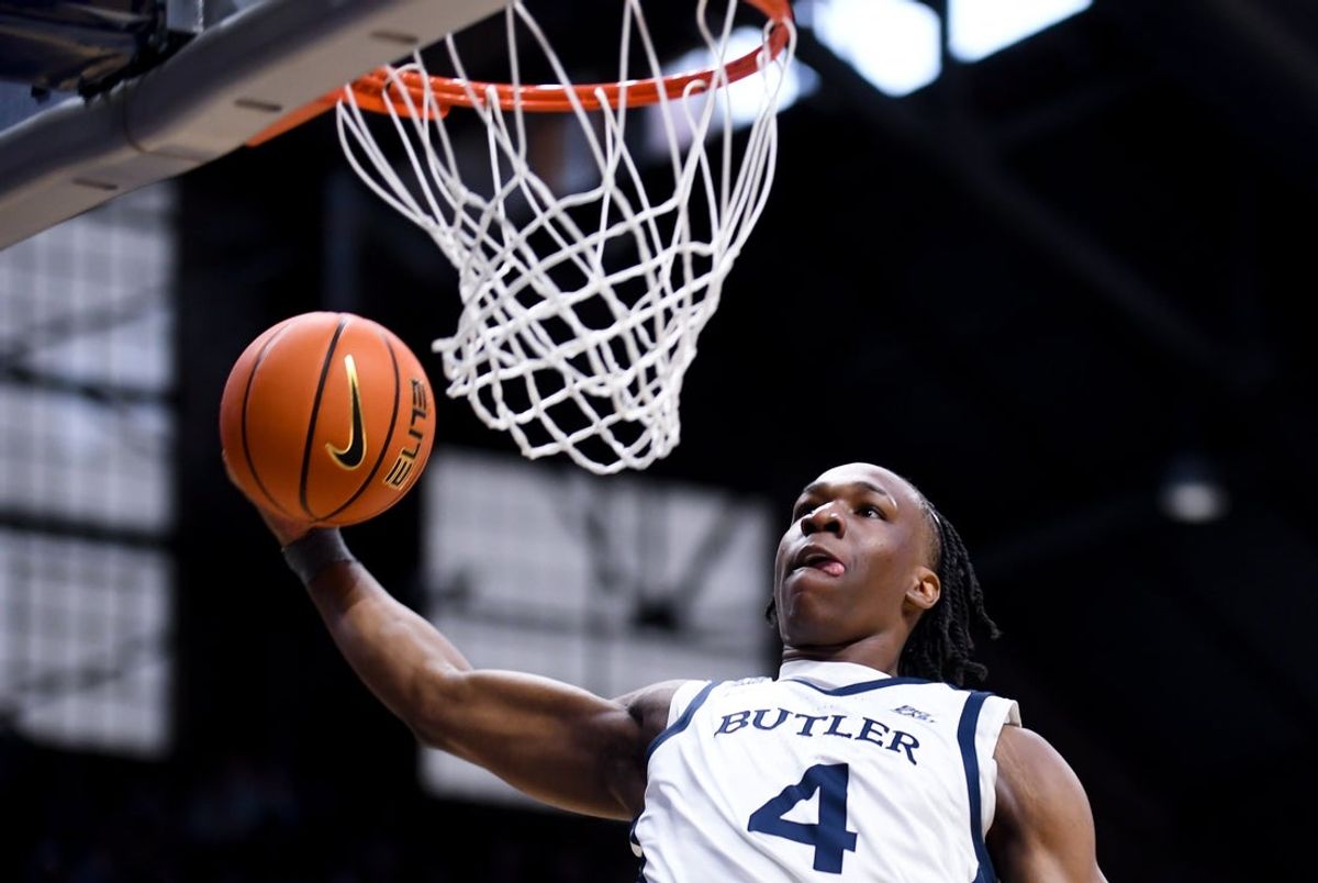 Jan 31, 2026; Indianapolis, Indiana, USA; Butler Bulldogs forward Efeosa Oliogu-Elabor (4) dunks against the Georgetown Hoyas during the first half at Hinkle Fieldhouse. Mandatory Credit: Robert Goddin-Imagn Images