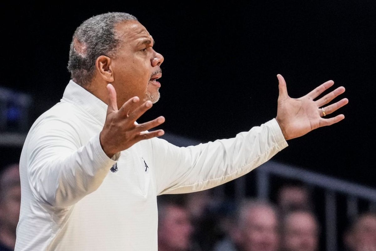 Georgetown Hoyas head coach Ed Cooley reacts to a call Saturday, Jan. 31, 2026, during a basketball game between the Butler Bulldogs and the Georgetown Hoyas at Hinkle Fieldhouse in Indianapolis.