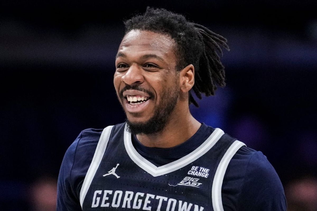 Georgetown Hoyas guard Jeremiah Williams (25) smiles Saturday, Jan. 31, 2026, during a basketball game at Hinkle Fieldhouse in Indianapolis. The Georgetown Hoyas defeated the Butler Bulldogs, 77-64.