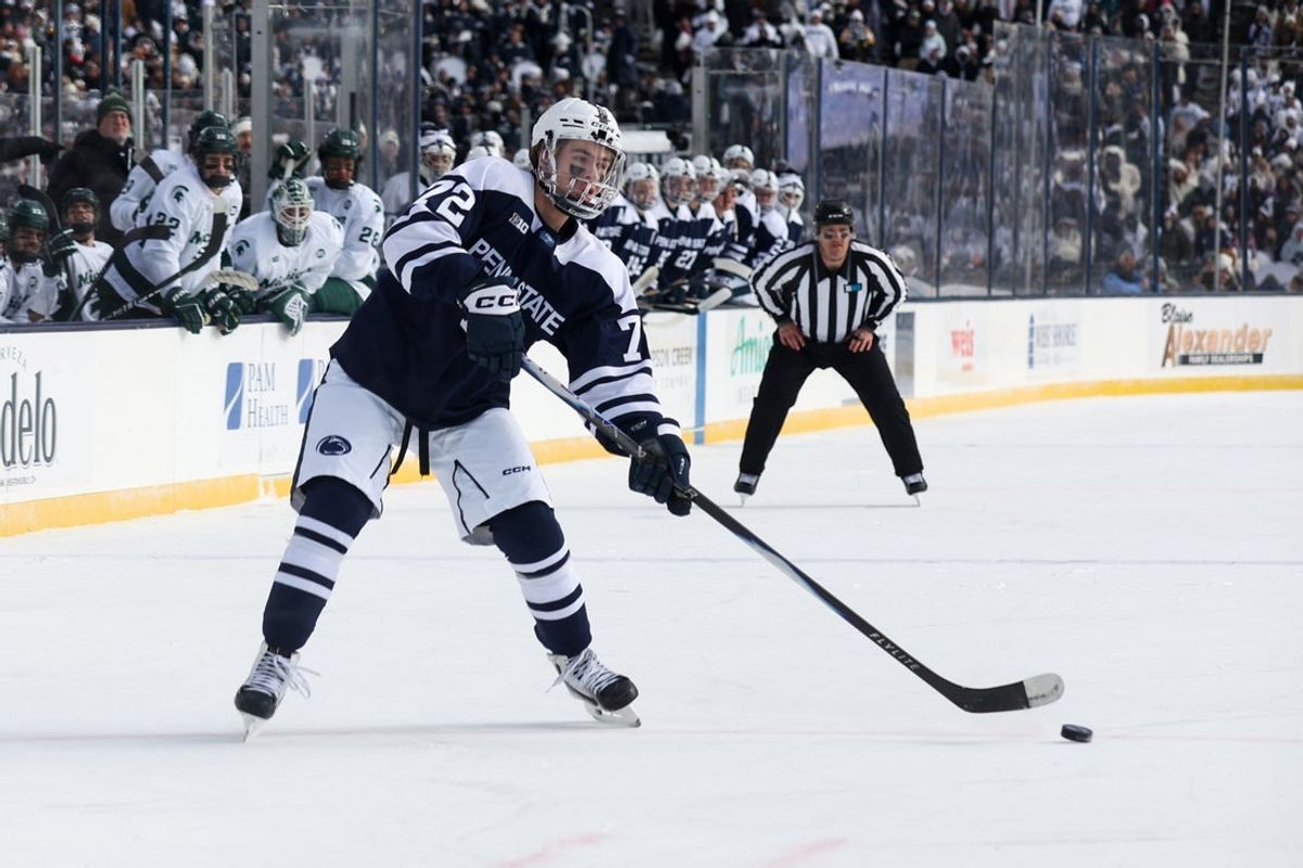 Jan 31, 2026; State College, PA, USA; Penn State Nittany Lions forward Gavin McKenna (72) looks to shoot the puck during the first period against the Michigan State Spartans at Beaver Stadium. Mandatory Credit: Matthew O'Haren-Imagn Images