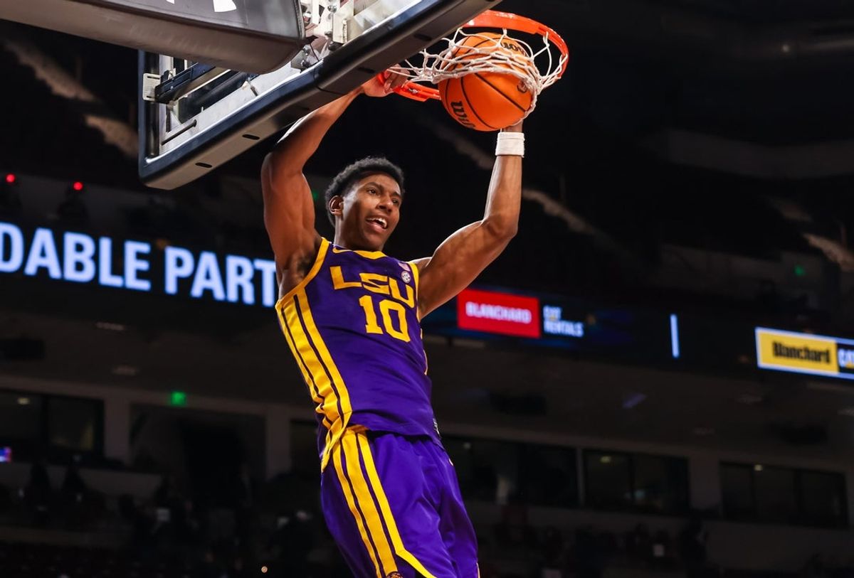 Jan 31, 2026; Columbia, South Carolina, USA; Louisiana State Tigers forward Marquel Sutton (10) dunks against the South Carolina Gamecocks in the second half at Colonial Life Arena. Mandatory Credit: Jeff Blake-Imagn Images