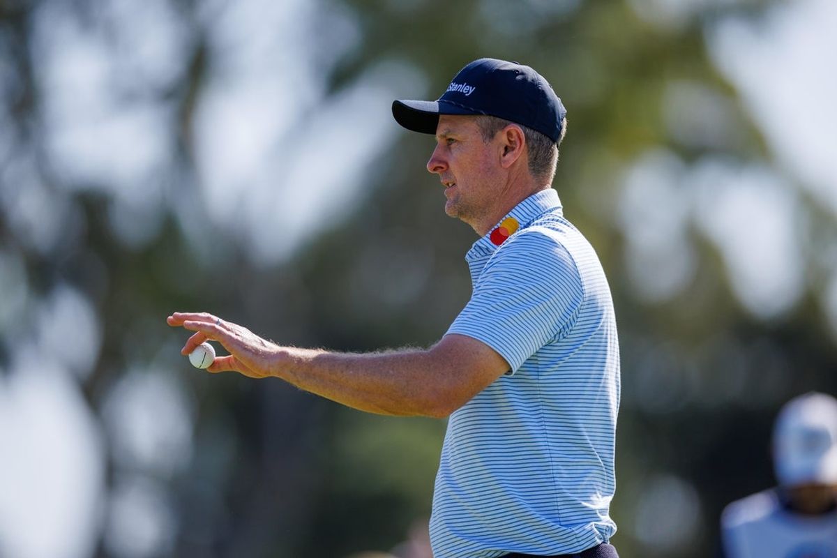 Jan 31, 2026; San Diego, California, USA; Justin Rose reacts after putting on on the sixth hole during the third round of the Farmers Insurance Open golf tournament at Torrey Pines Municipal Golf Course - South Course. Mandatory Credit: Abe Arredondo-Imagn Images