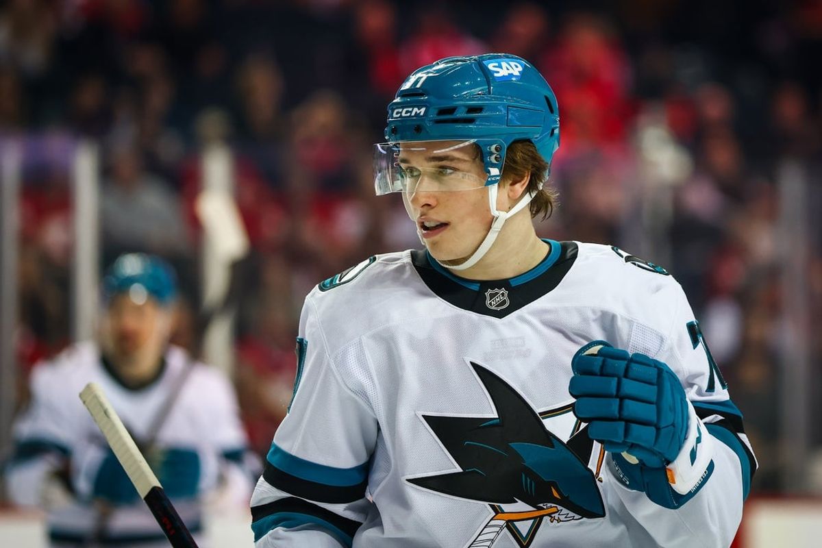 Jan 31, 2026; Calgary, Alberta, CAN; San Jose Sharks center MacKlin Celebrini (71) against the Calgary Flames during the first period at Scotiabank Saddledome. Mandatory Credit: Sergei Belski-Imagn Images