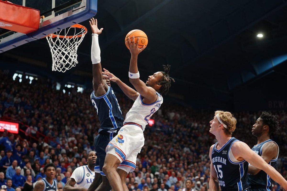 Kansas Jayhawks guard Darryn Peterson (22) shoots a layup against BYU Cougars during the game inside Allen Fieldhouse on Jan. 31, 2026.