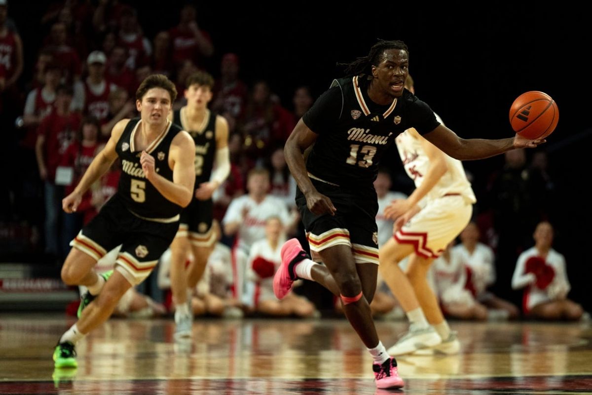 Miami RedHawks forward Antwone Woolfolk (13) handles the ball after making a steal in the second half of the NCAA Basketball game at Millett Hall in Oxford, Ohio, on Saturday, January 31, 2026.