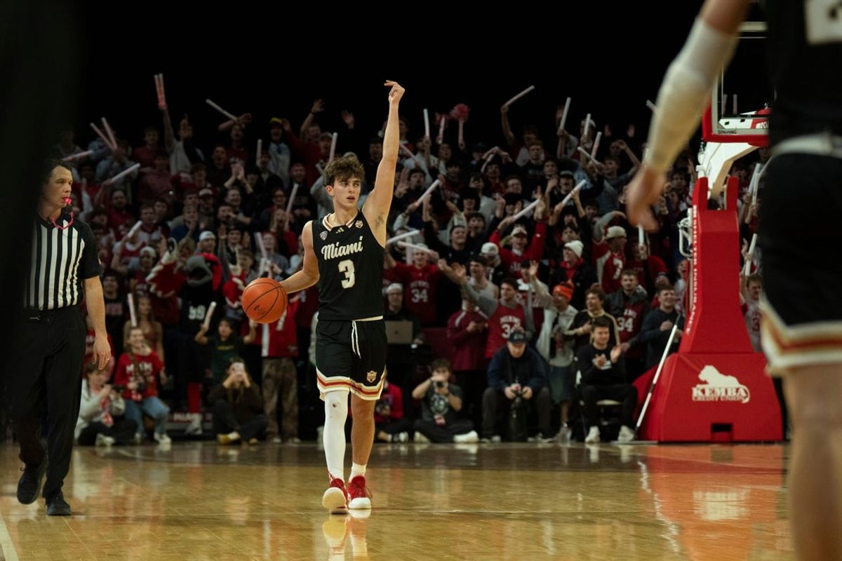 Miami RedHawks guard Luke Skaljac (3) dribbles the ball in the second half of the NCAA Basketball game at Millett Hall in Oxford, Ohio, on Saturday, January 31, 2026.
