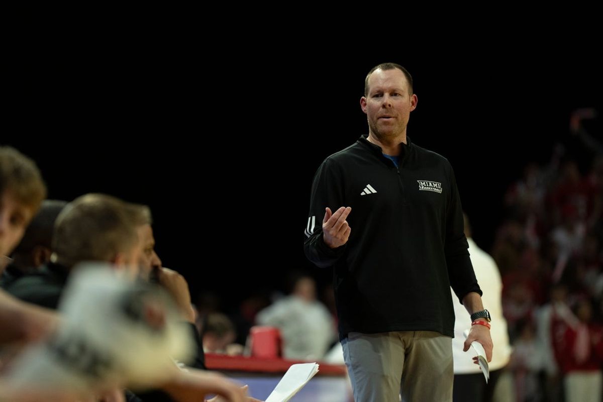 Miami RedHawks head coach Travis Steele waives communicates to his team in the second half of the NCAA Basketball game at Millett Hall in Oxford, Ohio, on Saturday, January 31, 2026.