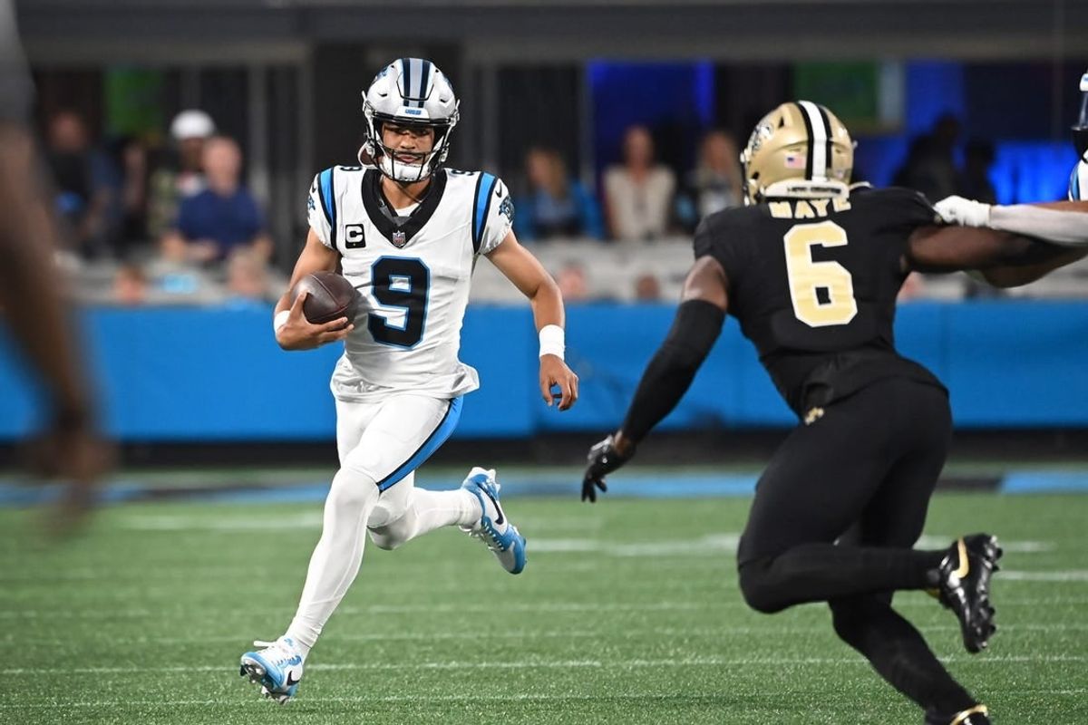 Sep 18, 2023; Charlotte, North Carolina, USA;  Carolina Panthers quarterback Bryce Young (9) looks to pass as New Orleans Saints safety Marcus Maye (6) defends in the first quarter at Bank of America Stadium.
